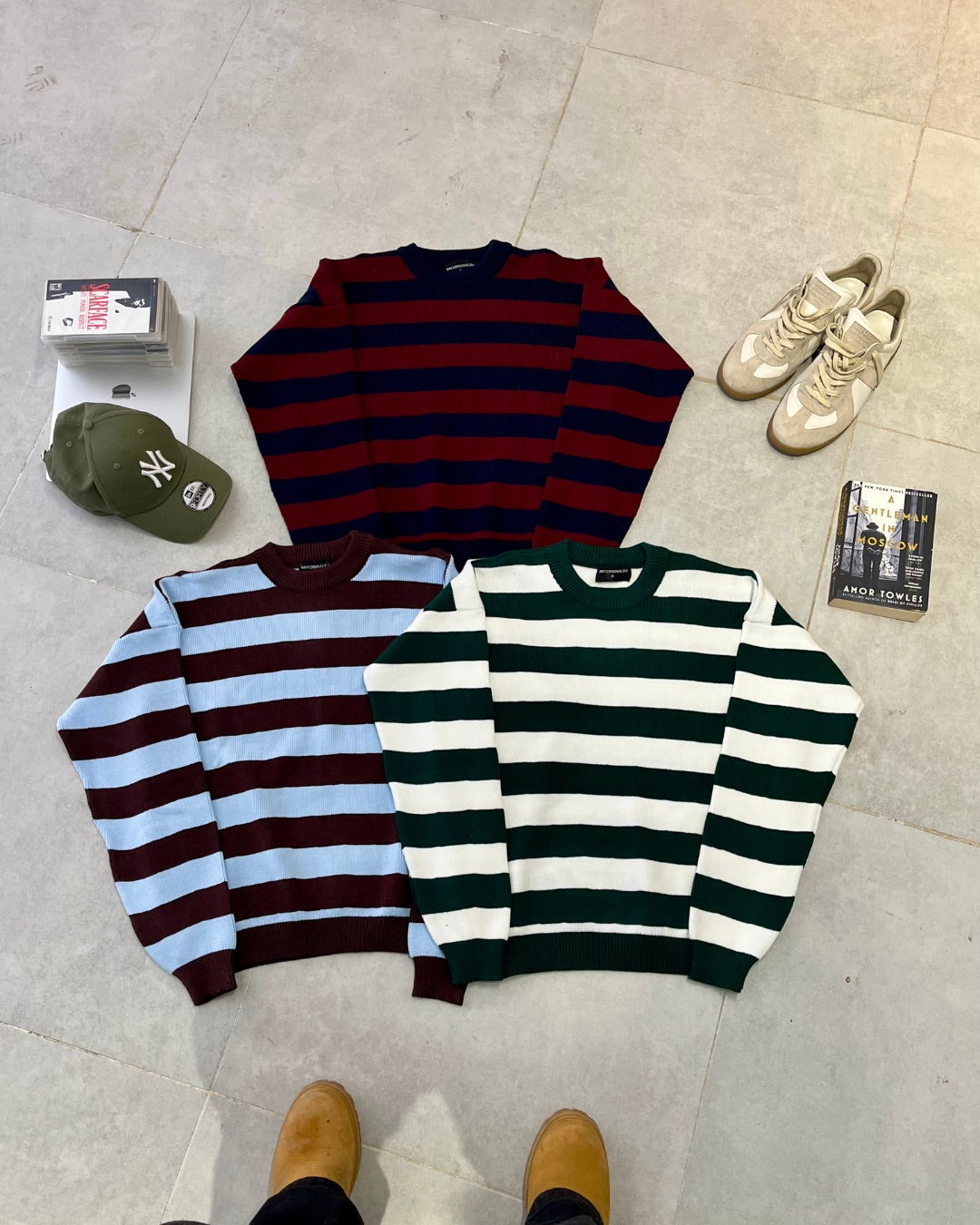 CREAM/OLIVE STRIPE KNIT CREW NECK