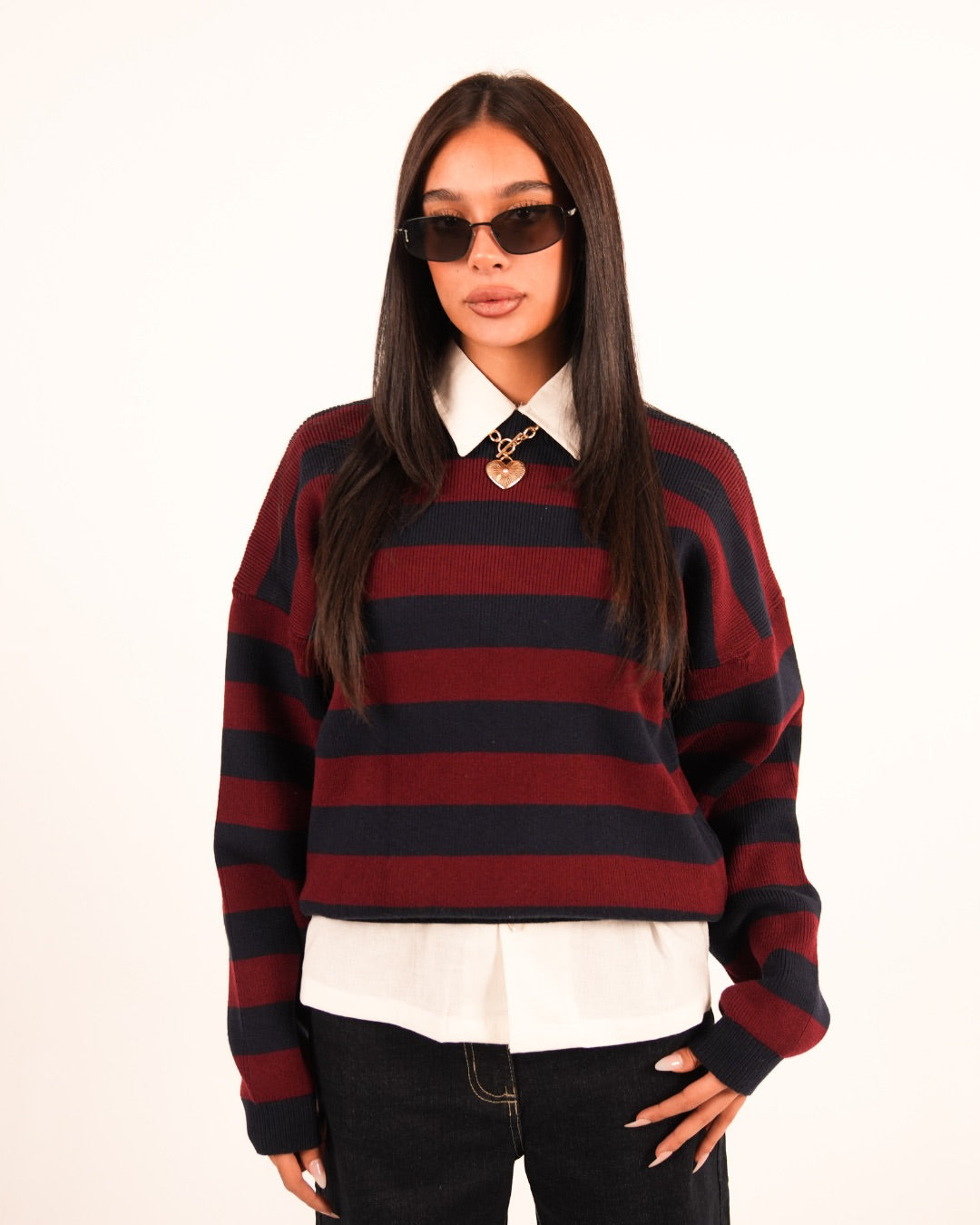 NAVY/BURGUNDY STRIPE KNIT CREW NECK