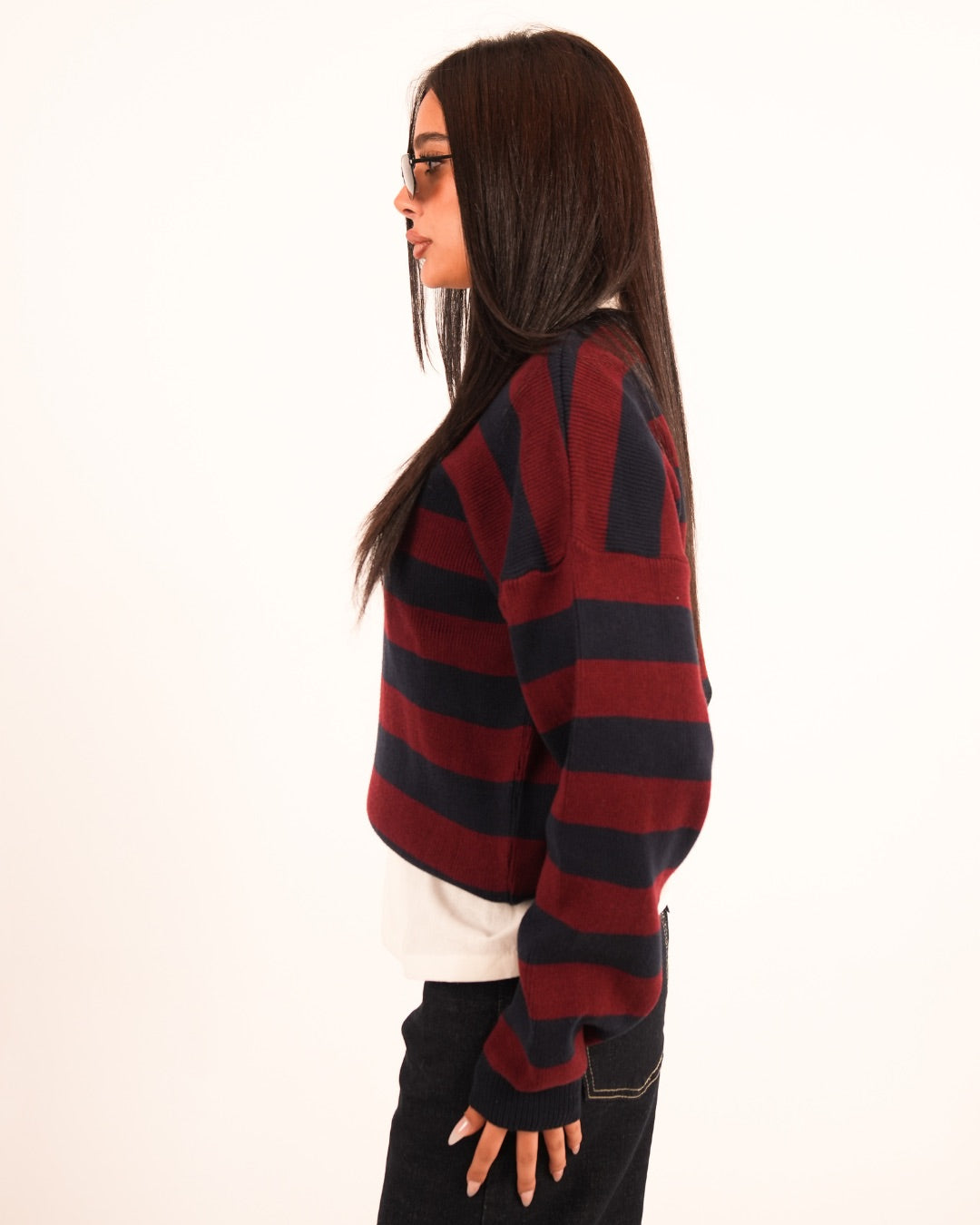 NAVY/BURGUNDY STRIPE KNIT CREW NECK