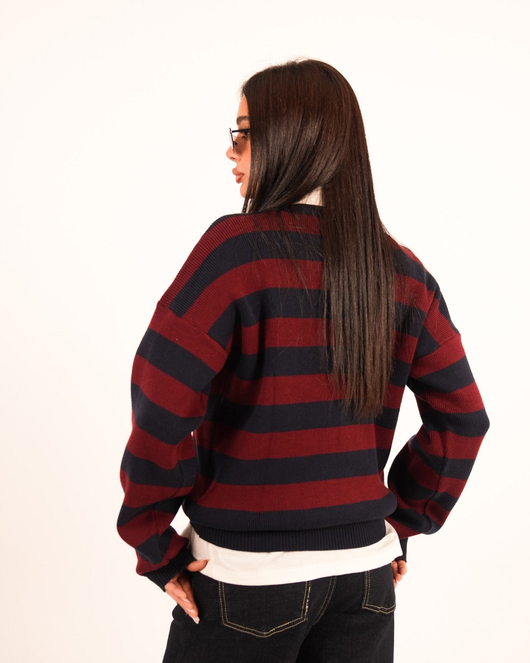 NAVY/BURGUNDY STRIPE KNIT CREW NECK
