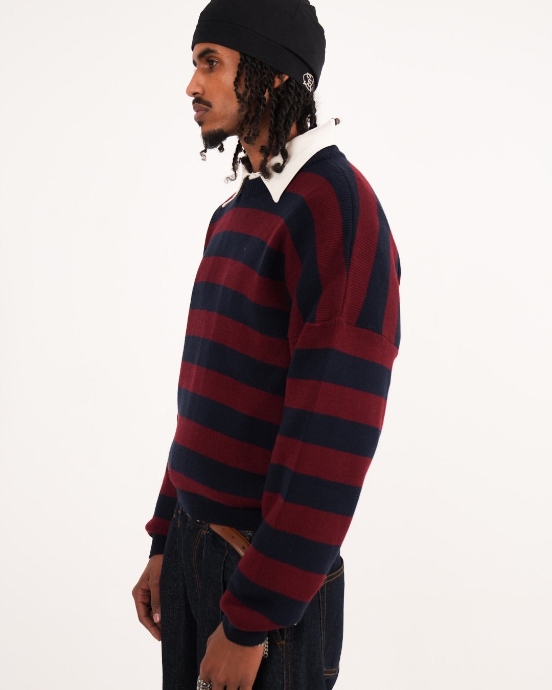 NAVY/BURGUNDY STRIPE KNIT CREW NECK