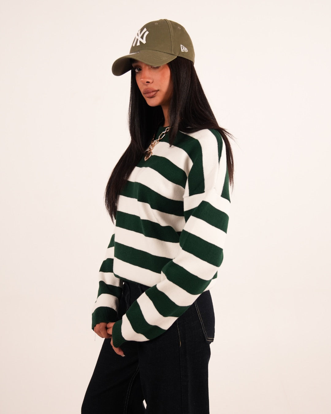 CREAM/OLIVE STRIPE KNIT CREW NECK