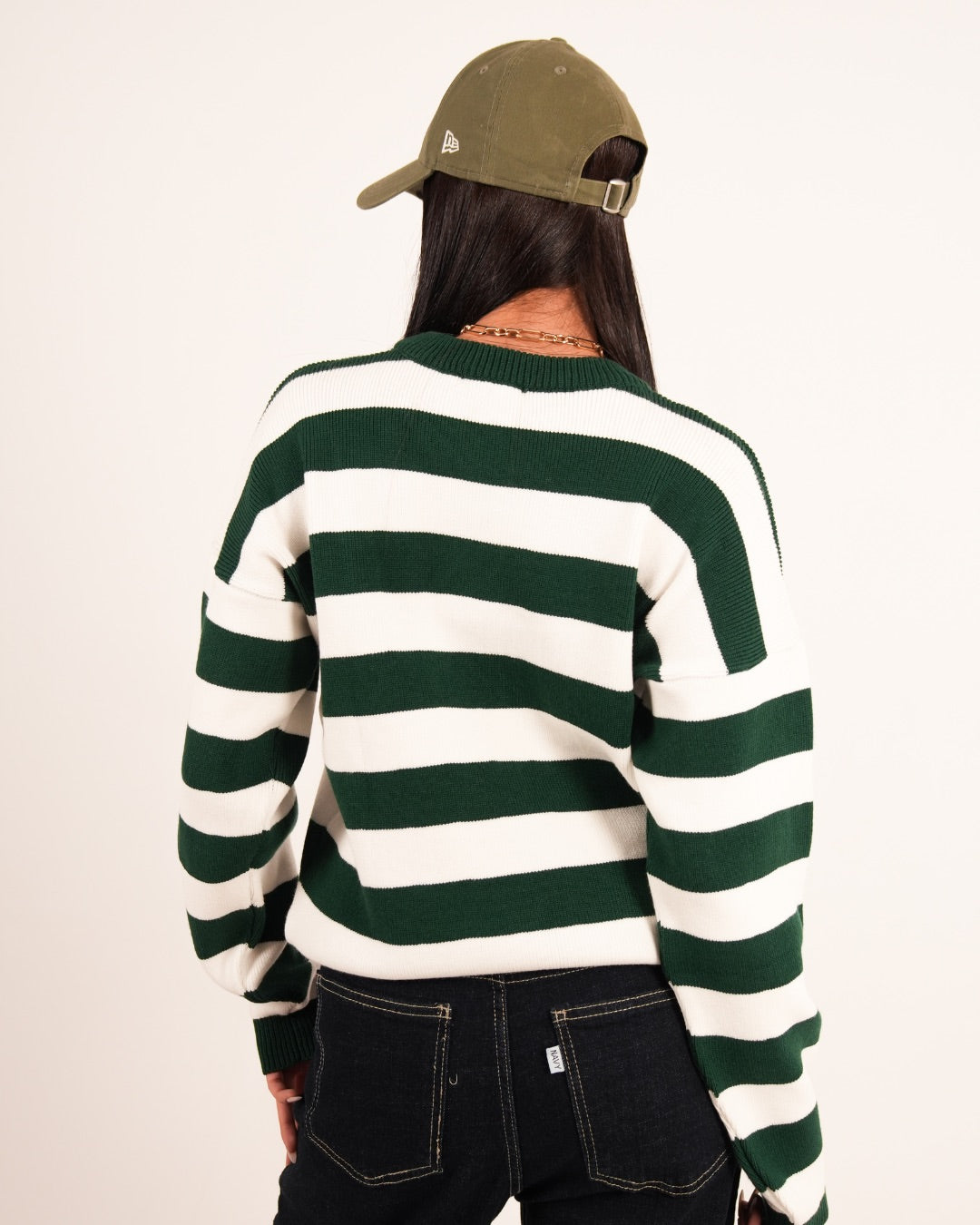 CREAM/OLIVE STRIPE KNIT CREW NECK