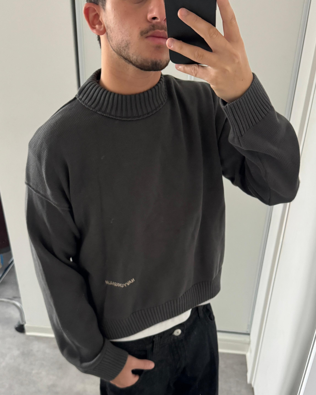 GREY MOCK NECK KNIT SWEATER
