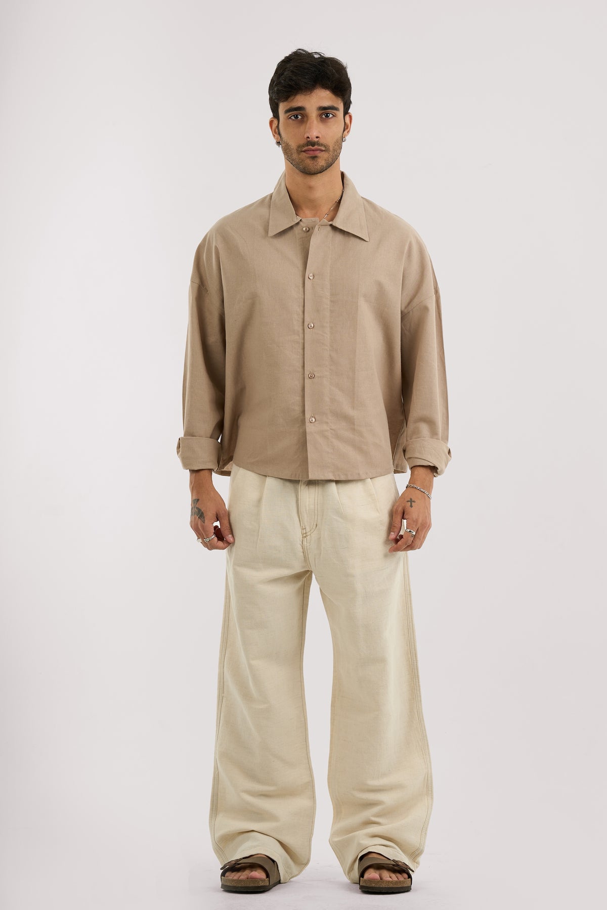 BEIGE PLEATED LINEN PANTS
