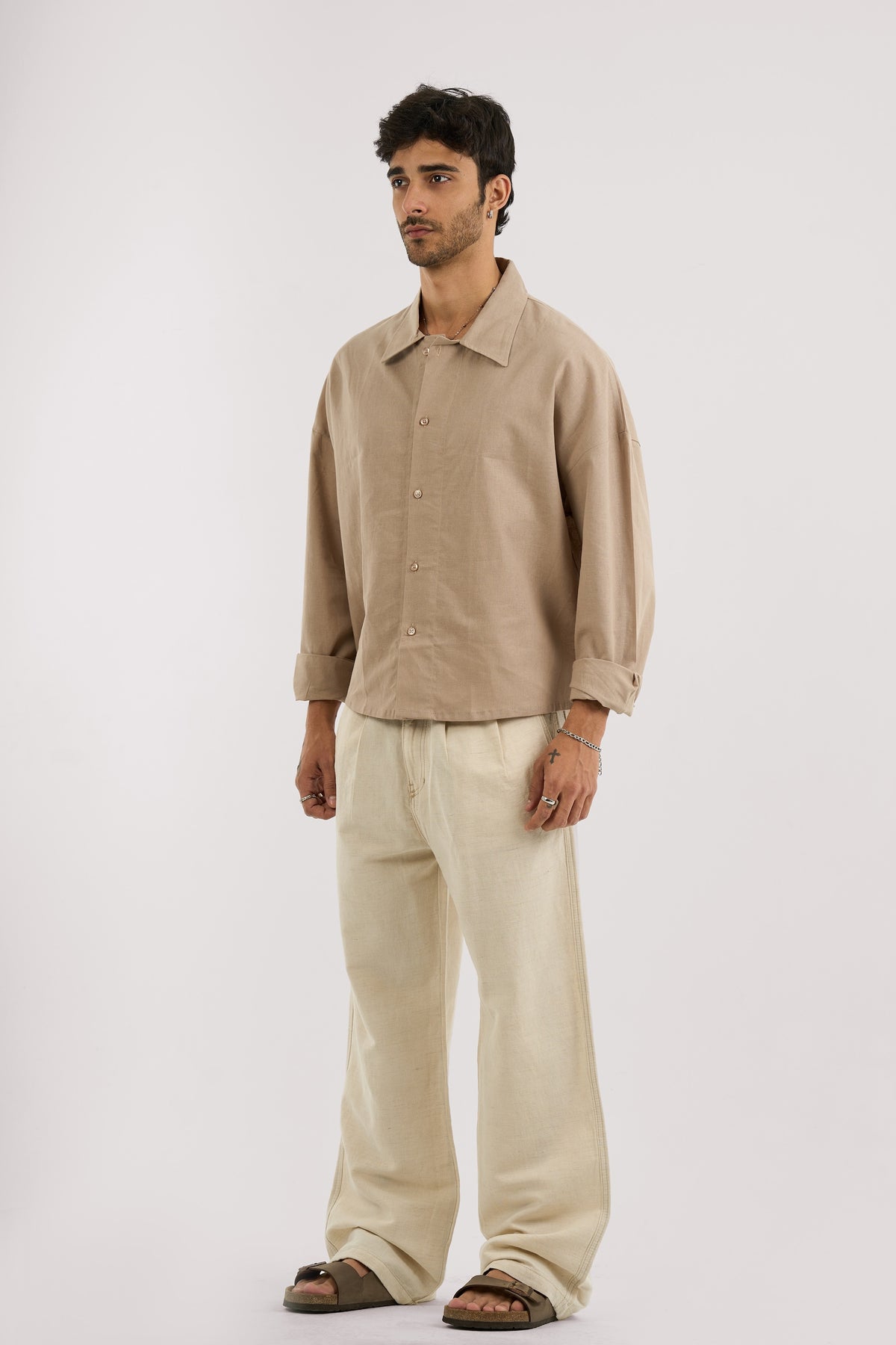 BEIGE PLEATED LINEN PANTS