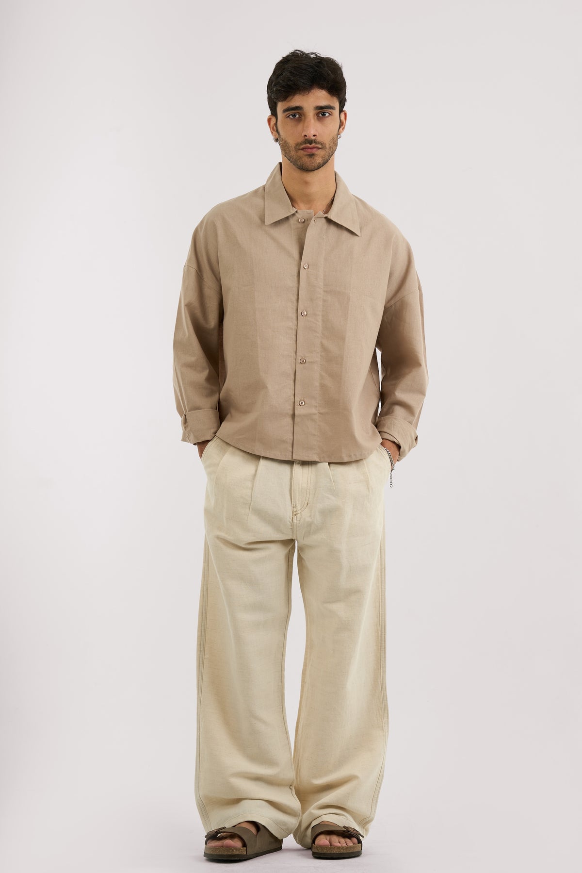 BEIGE PLEATED LINEN PANTS