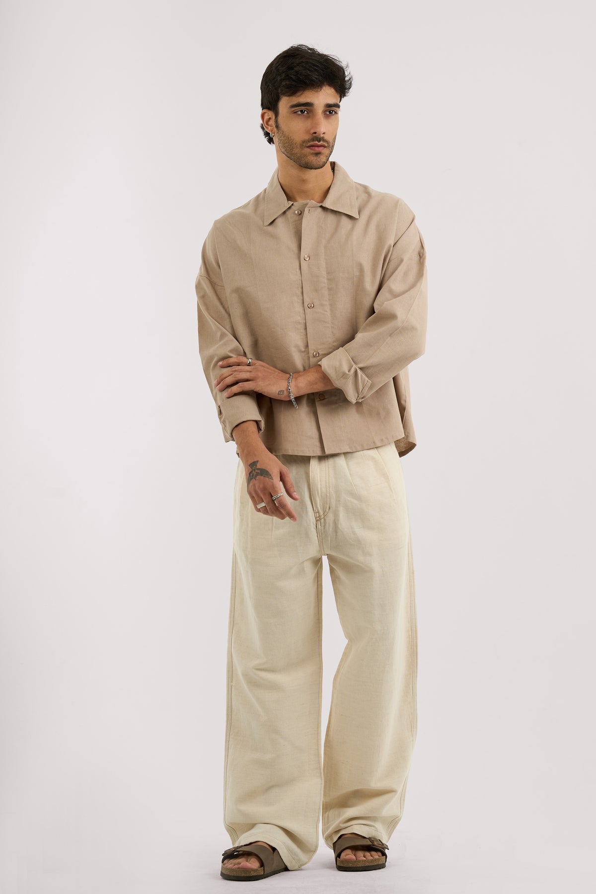 BEIGE PLEATED LINEN PANTS