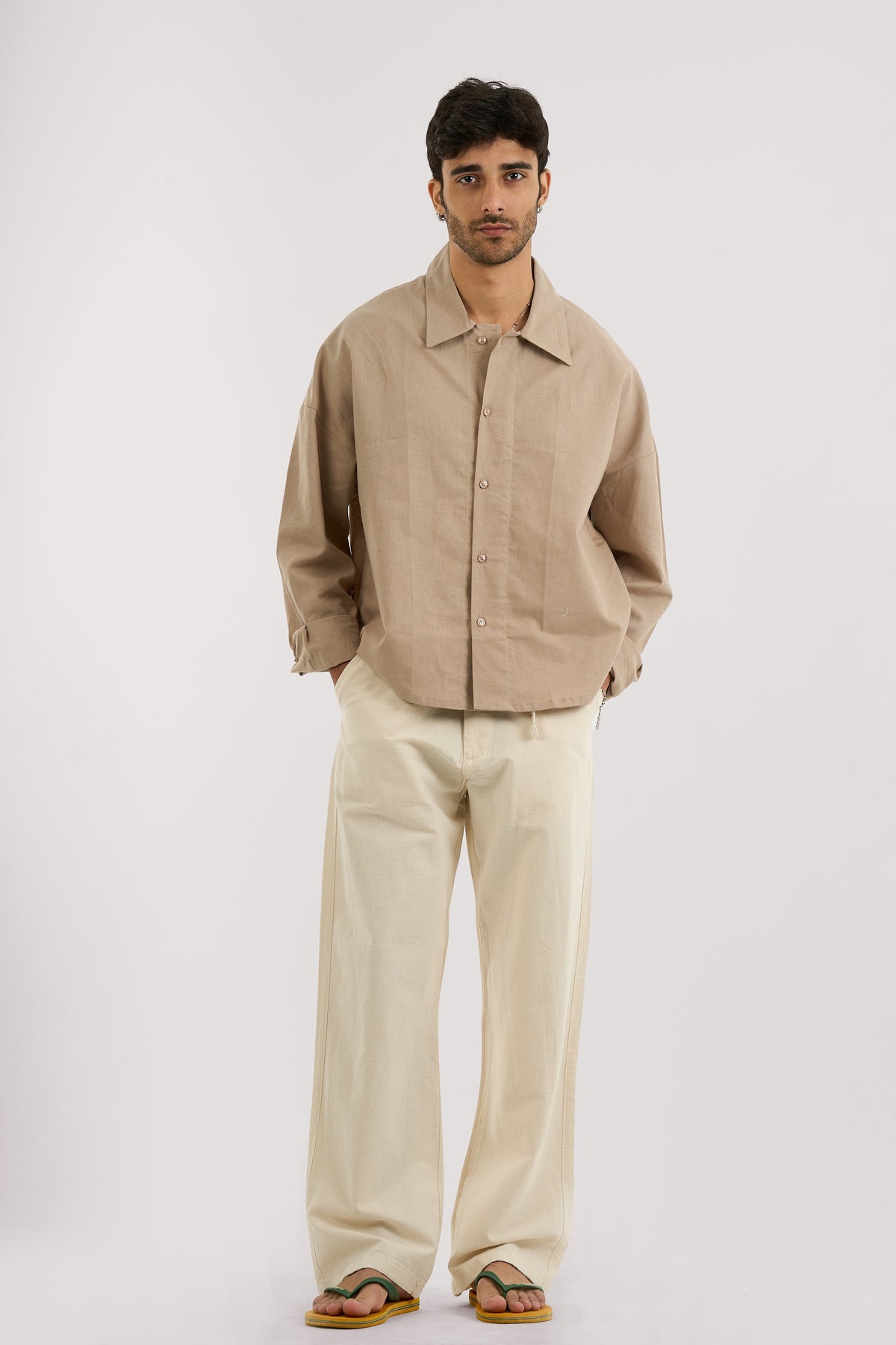 BEIGE WIDE LEG LINEN PANTS