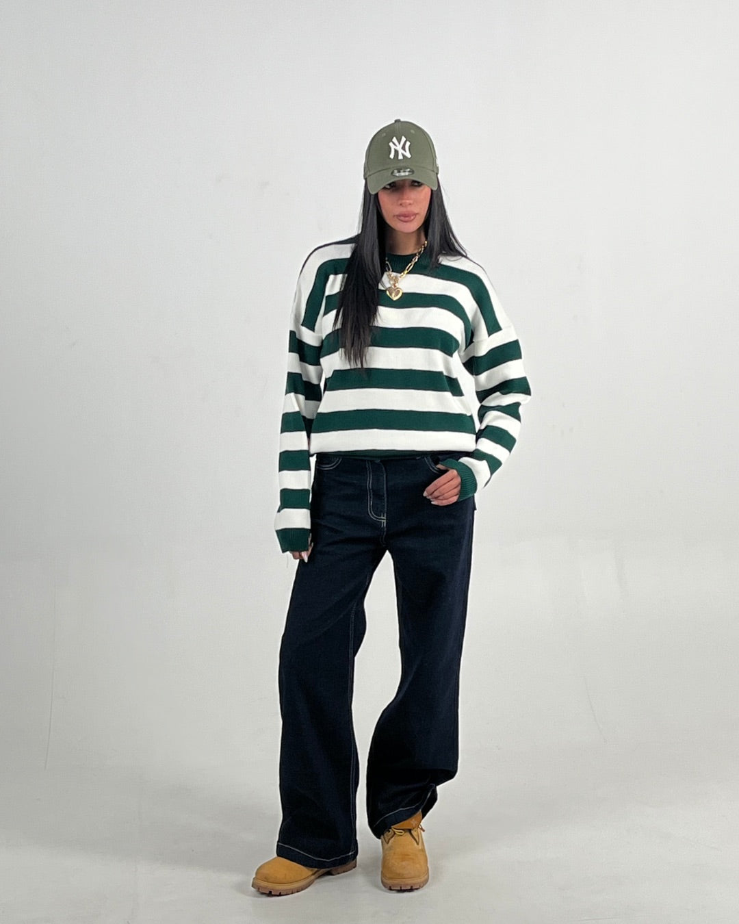 CREAM/OLIVE STRIPE KNIT CREW NECK