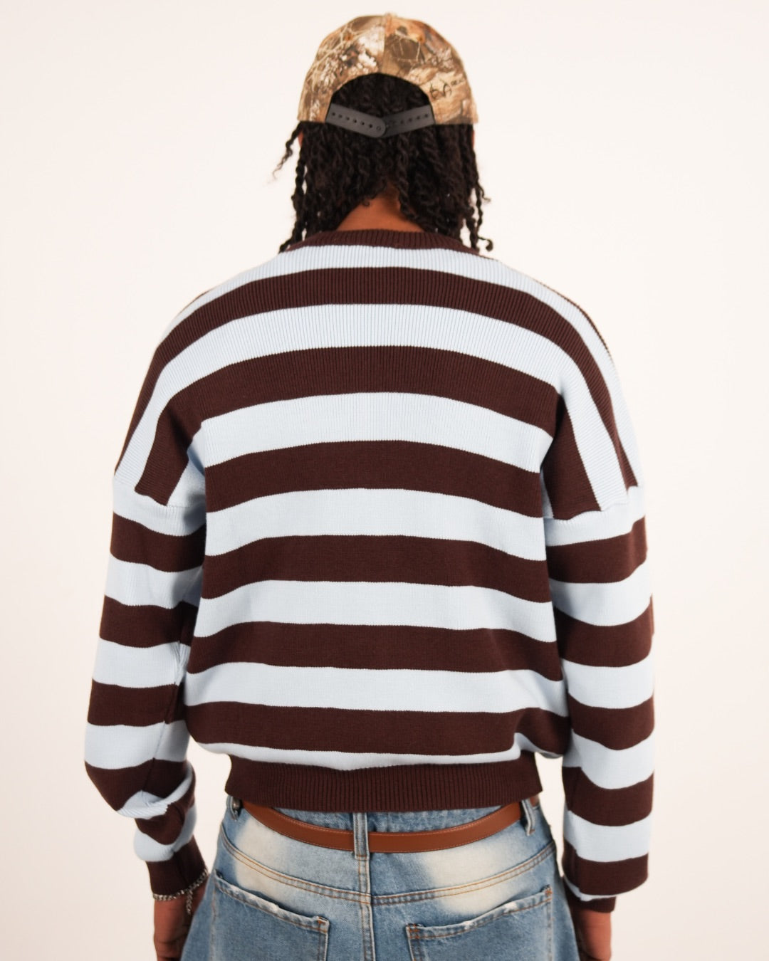 BABY BLUE/BROWN STRIPE KNIT CREW NECK
