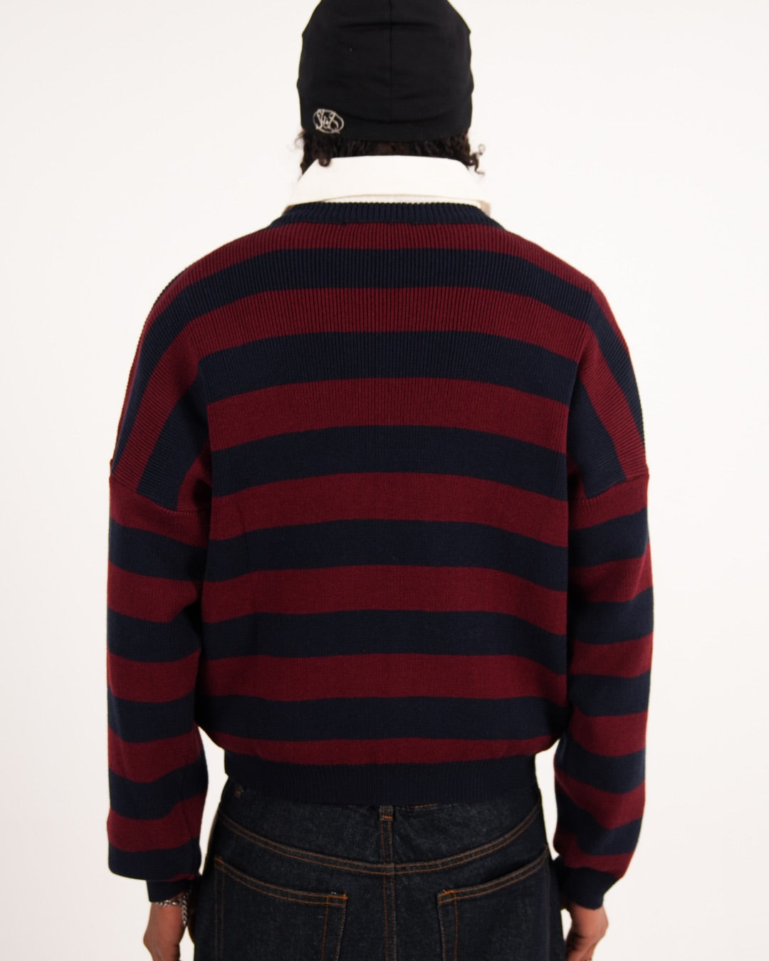 NAVY/BURGUNDY STRIPE KNIT CREW NECK