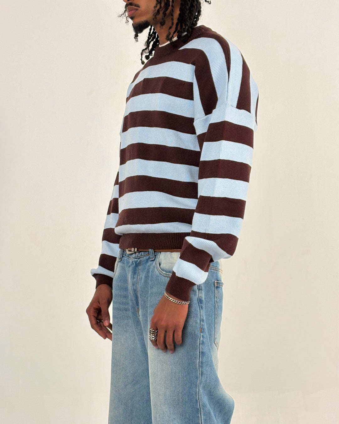 BABY BLUE/BROWN STRIPE KNIT CREW NECK
