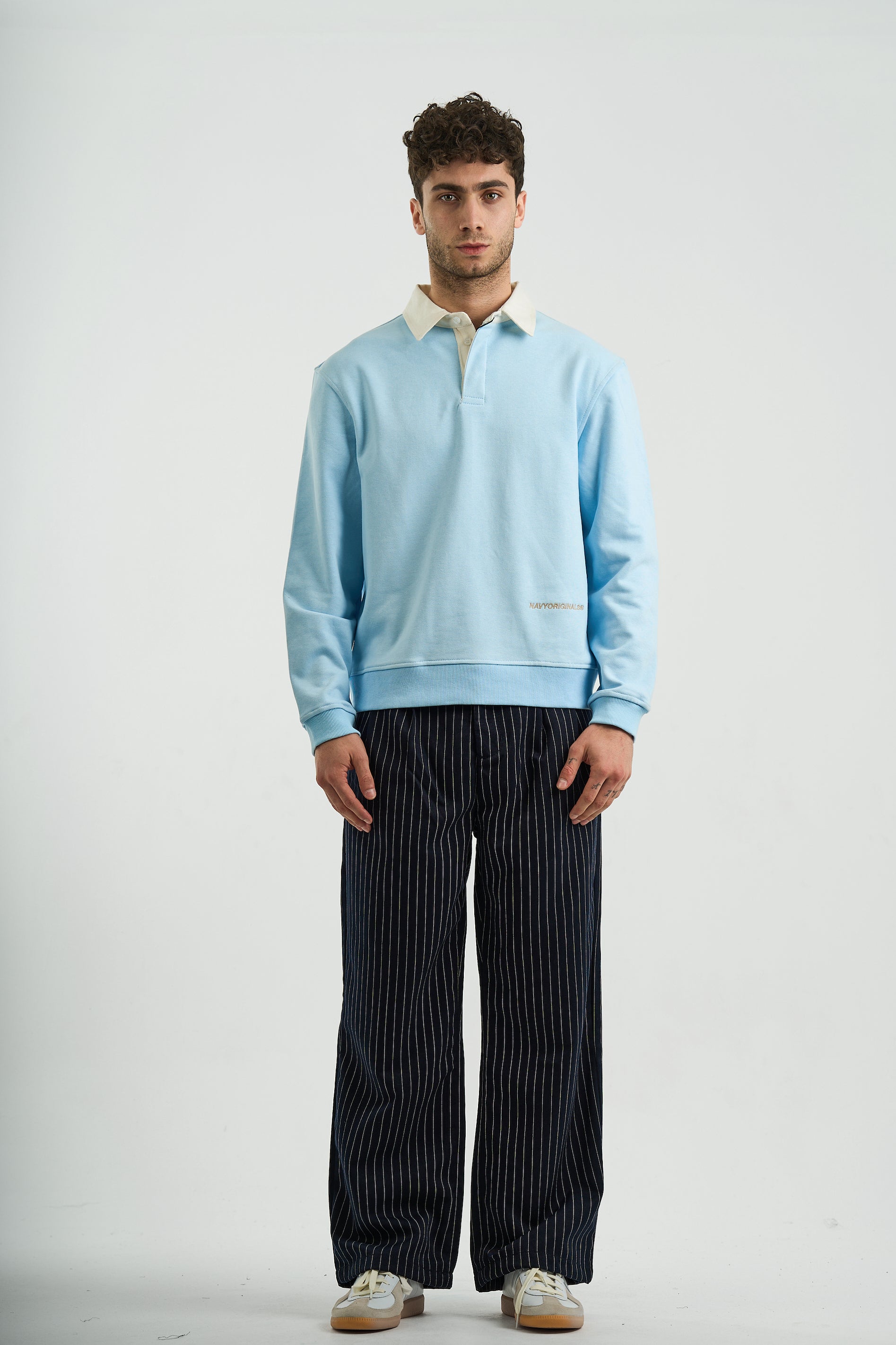 NAVY PINSTRIPE WIDE-LEG PANTS