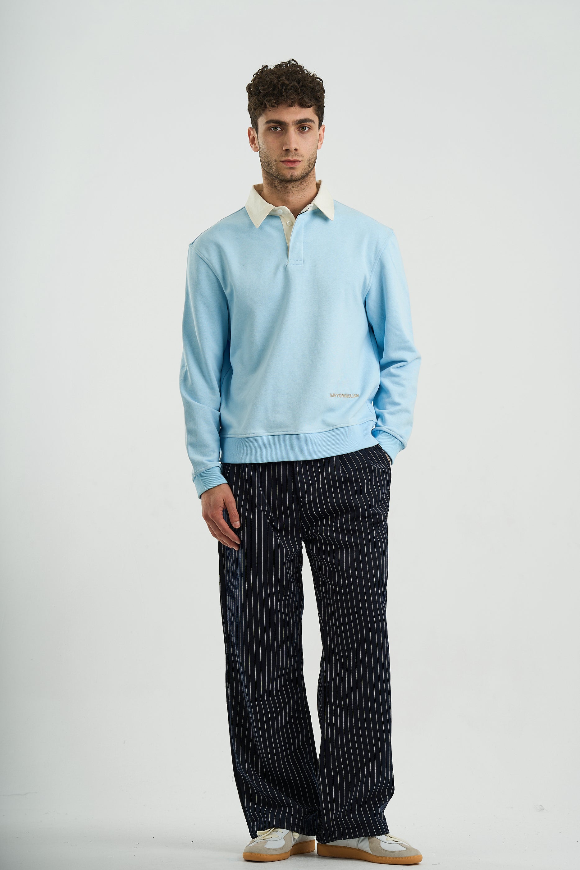 NAVY PINSTRIPE WIDE-LEG PANTS