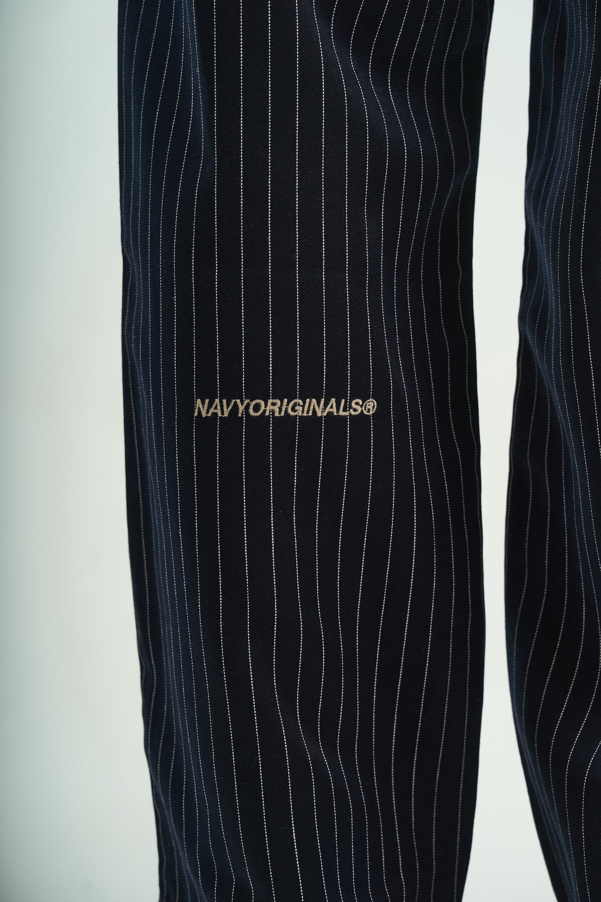 NAVY PINSTRIPE WIDE-LEG PANTS