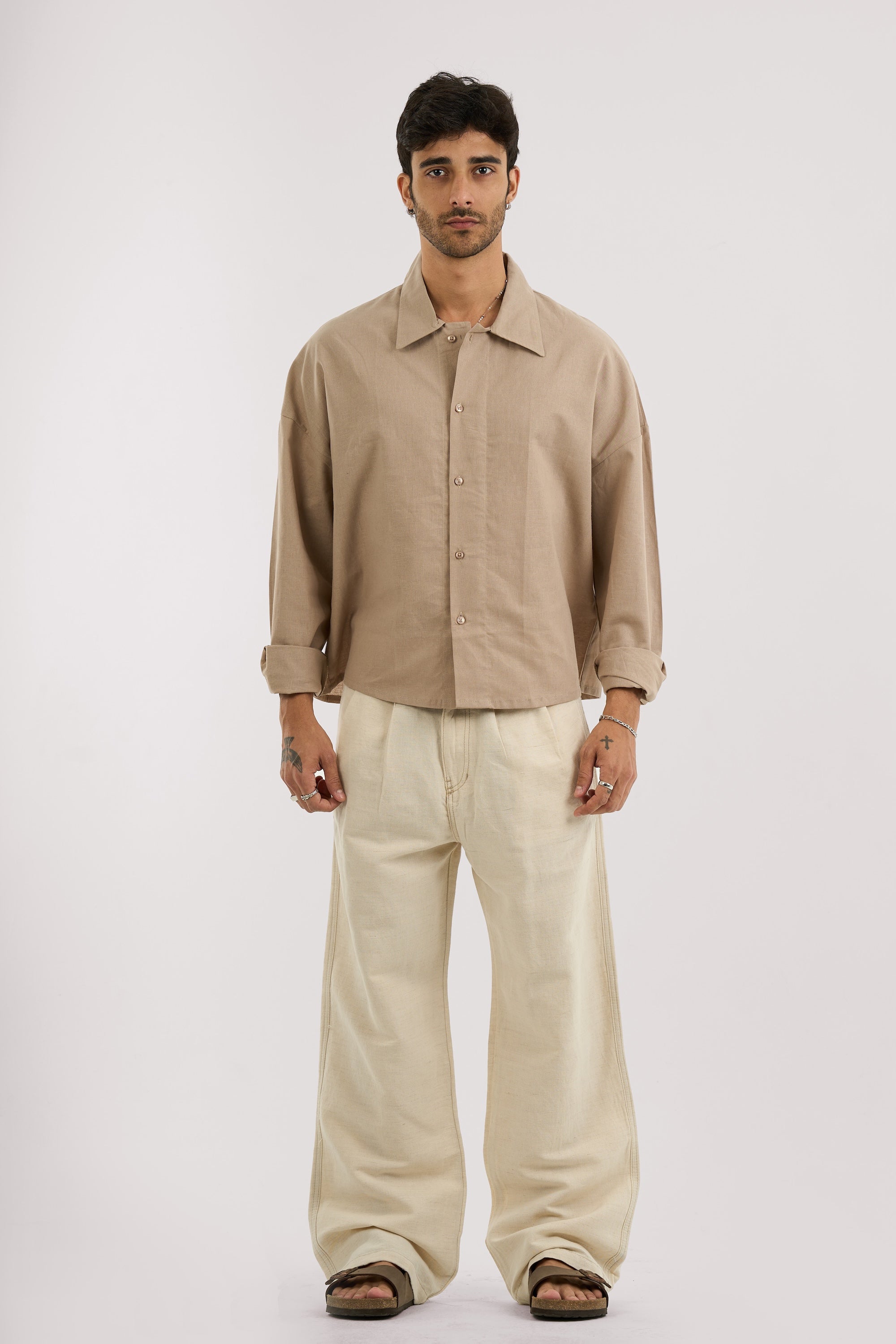 BEIGE PLEATED LINEN PANTS