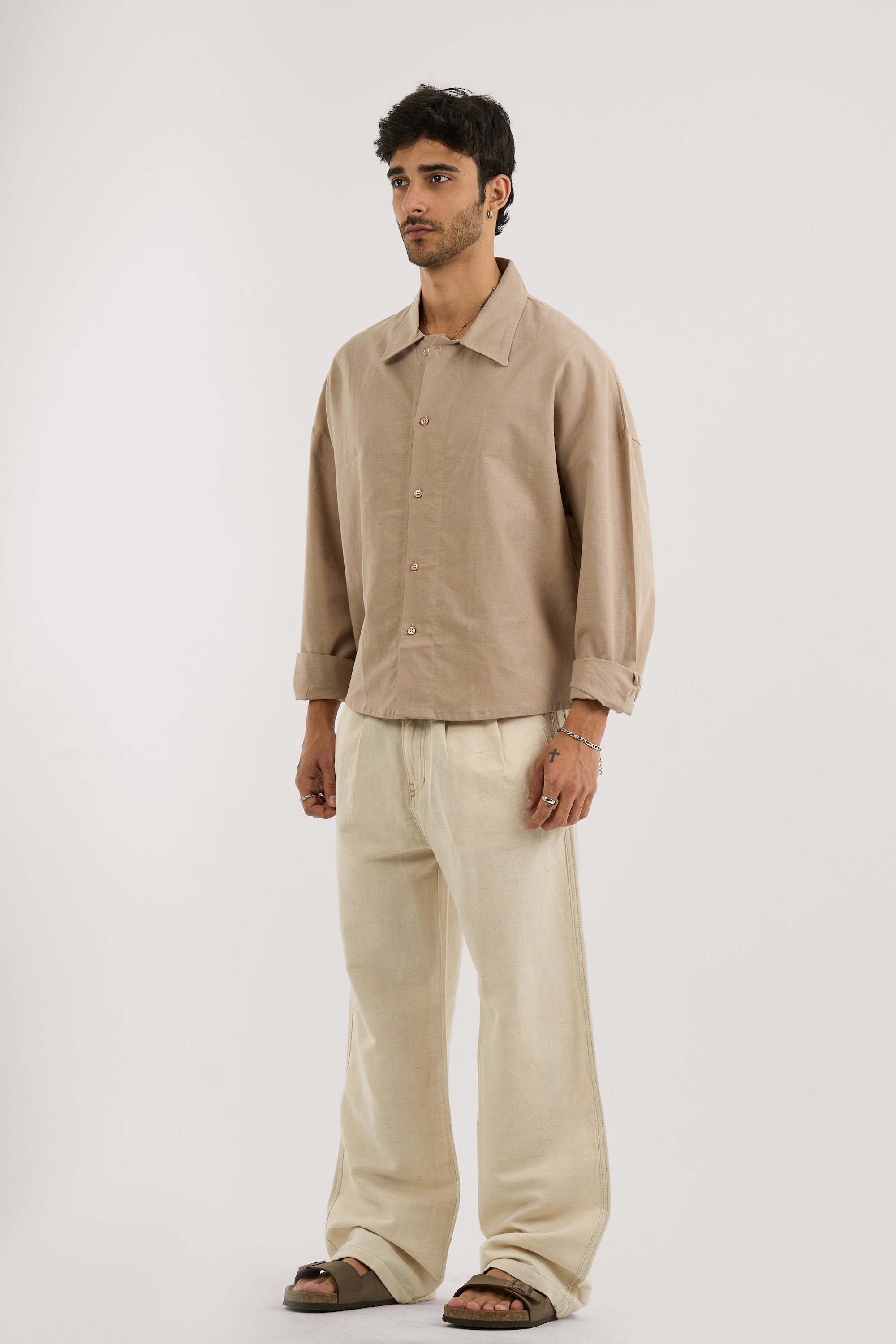 BEIGE PLEATED LINEN PANTS