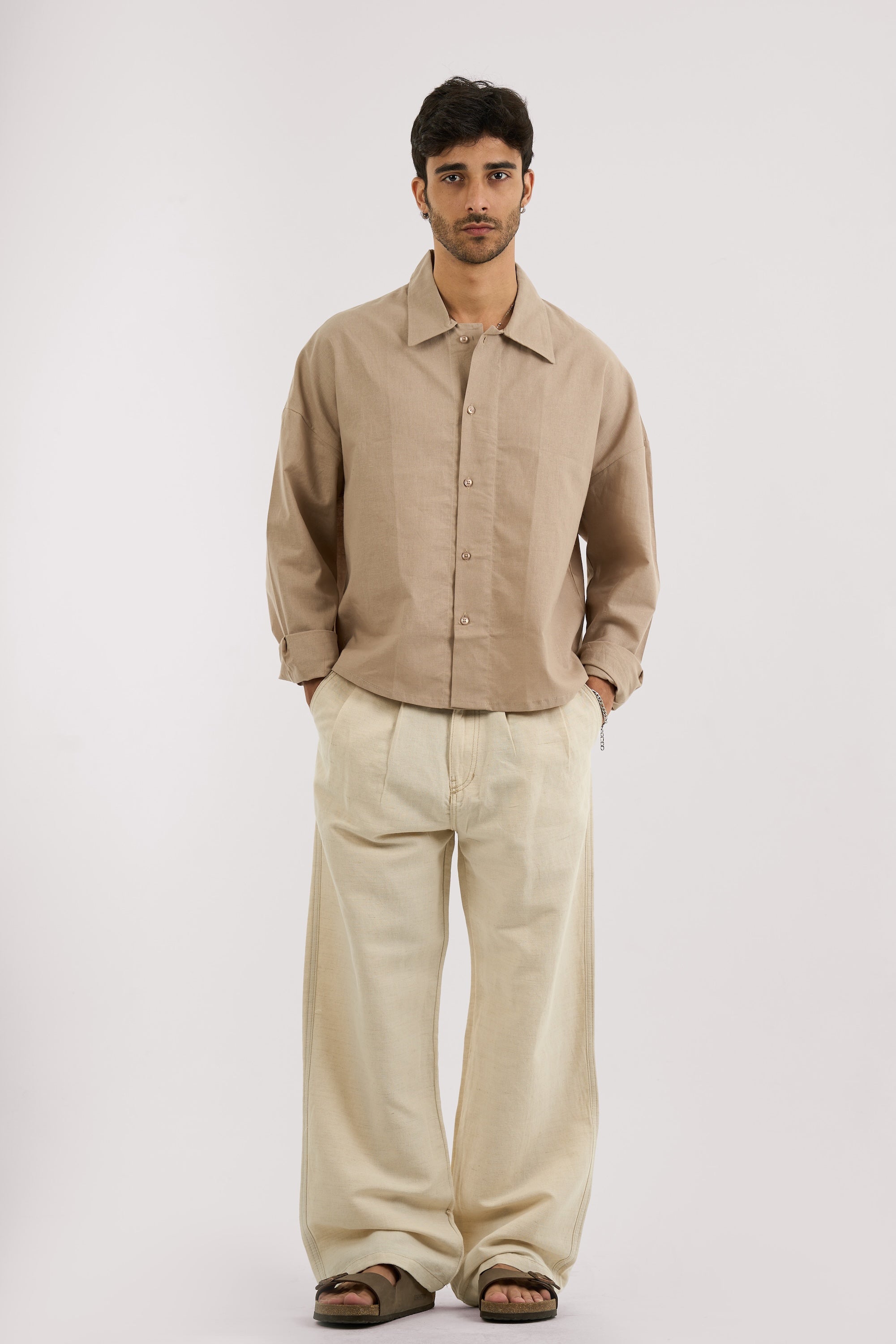 BEIGE PLEATED LINEN PANTS