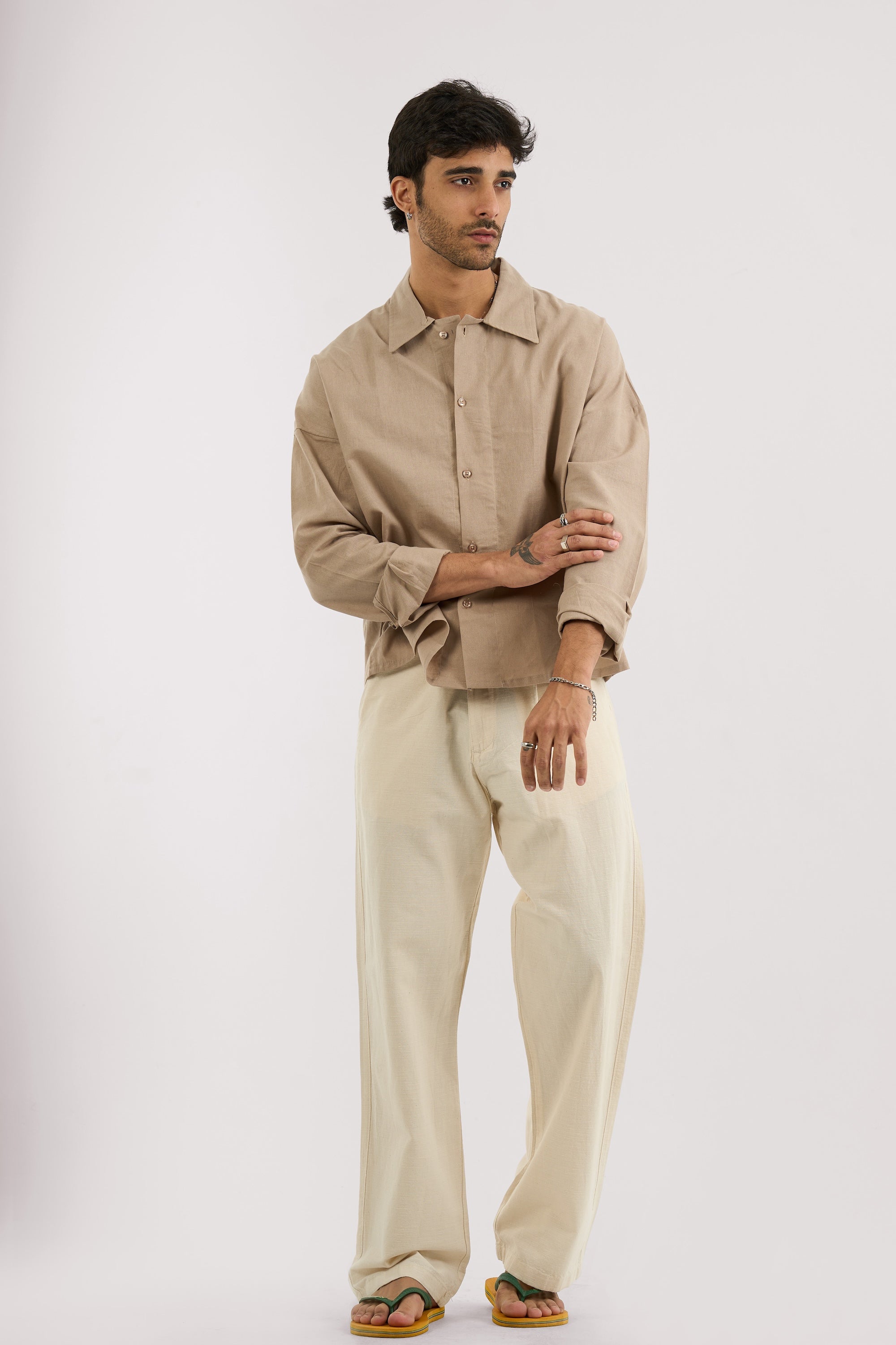 BEIGE WIDE LEG LINEN PANTS