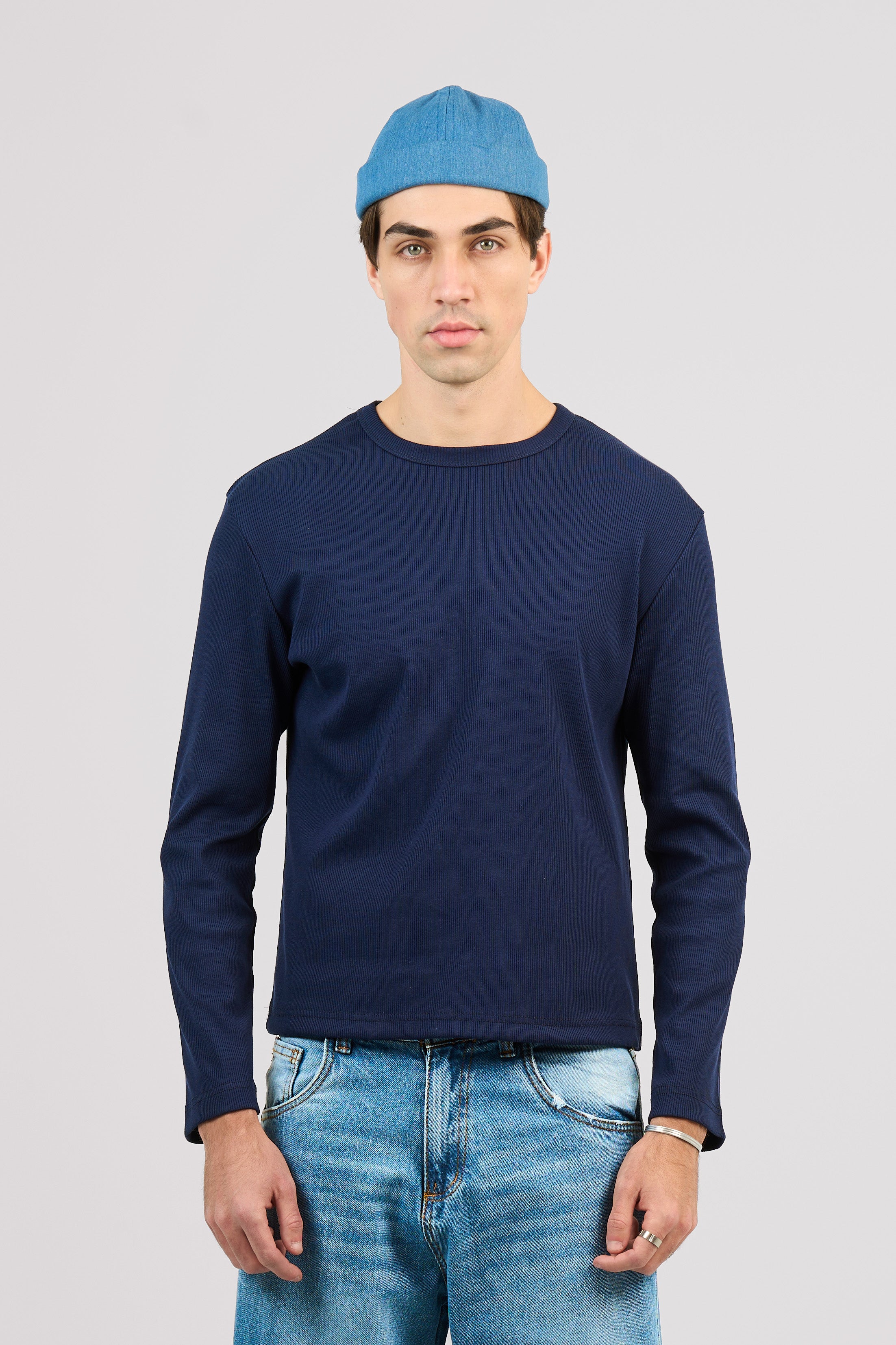NAVY LONG SLEEVE RIBBED TSHIRT